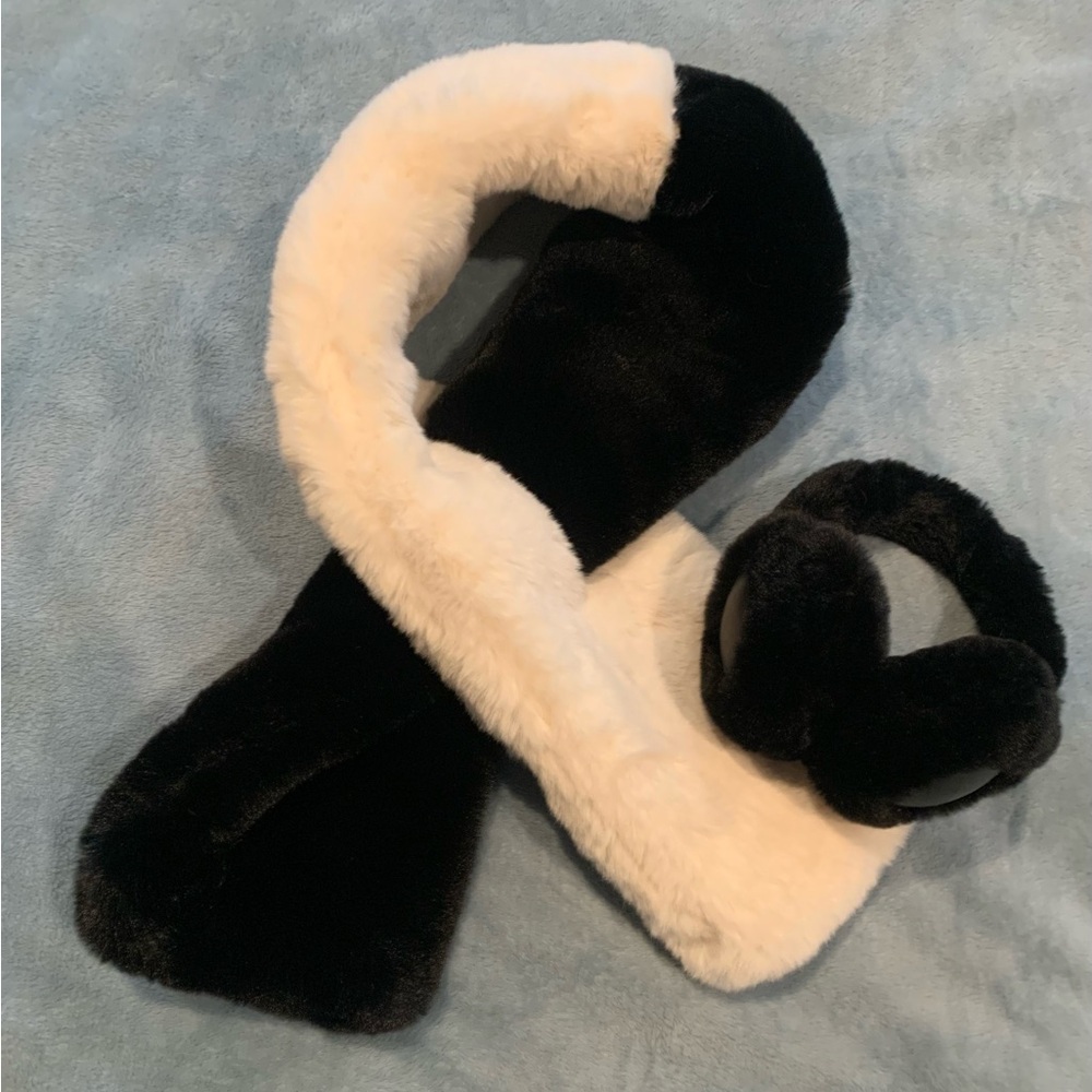 2pc set Faux Mink Winter Hat and Scarf Set Black White 48”x7”